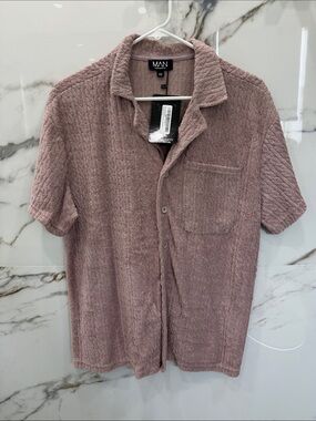 Boohoo Mens Dusty Rose Textured Short-Sleeve Button Down Shirt